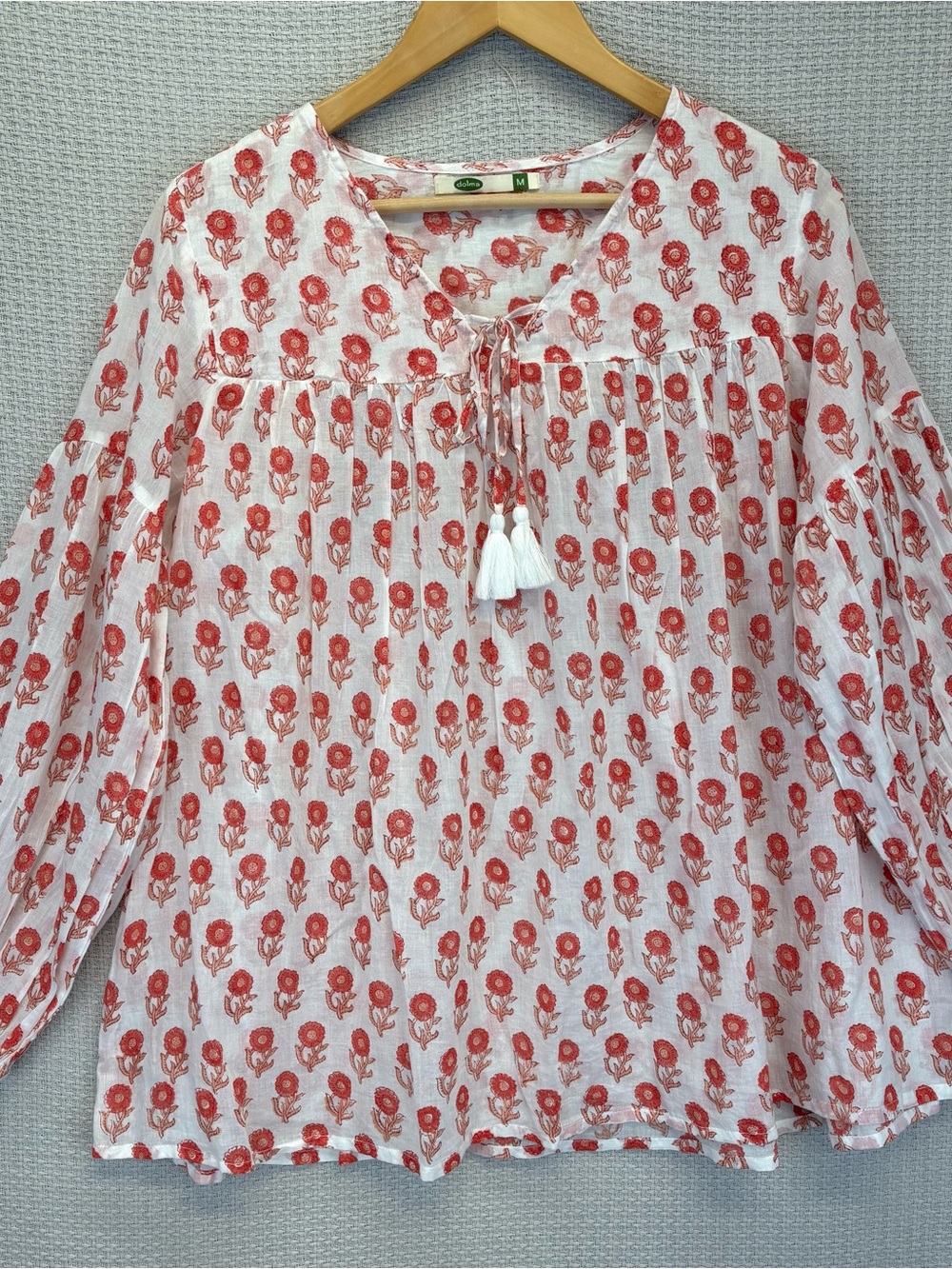 Dolma Brand Poppy Red Floral Tunic Pedant Blouse Sz Med Boho Cottagecore Tassles